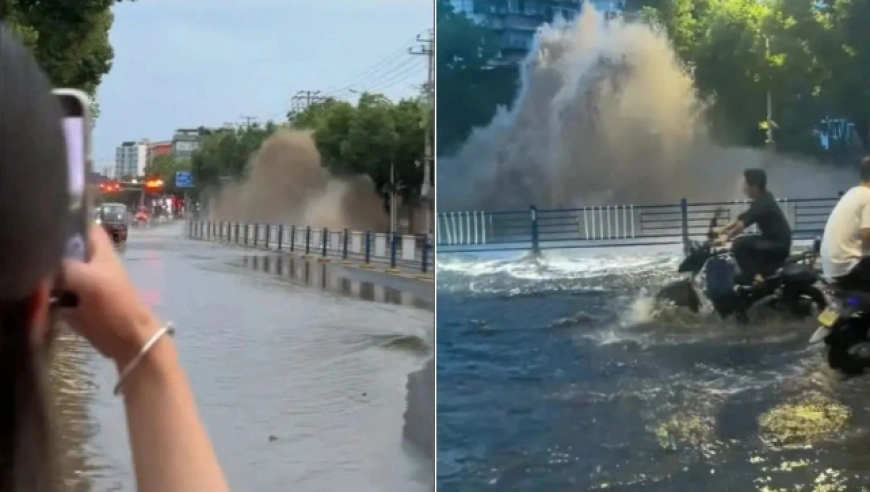 河南信阳41℃高温致地下主水管爆裂，数百户停水，连夜抢修今日复水