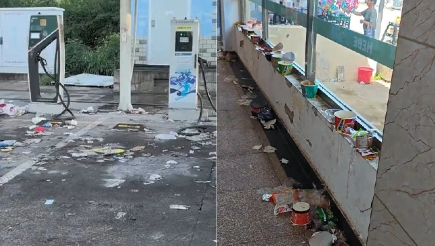 河北宣化南服务区垃圾遍地，游客无奈蹲台阶吃饭