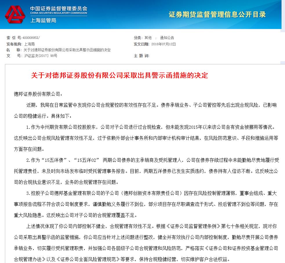 上海证监局警示德邦证券 债券承销等业务存合规风险